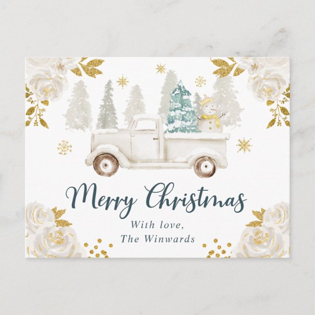 Winter White & Gold Truck Floral Weihnachten (Vorderseite)
