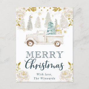 Winter White & Gold Truck Floraler Weihnachtsurlau Feiertagspostkarte