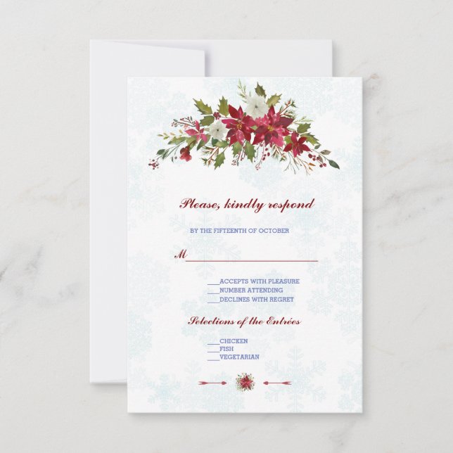 Winter White Poinsettia Snowflakes Wedding RSVP Karte (Vorderseite)