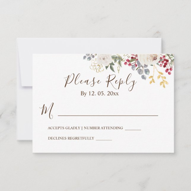 Winter White Roses Red Berries Gold Blätter Floral RSVP Karte (Vorderseite)