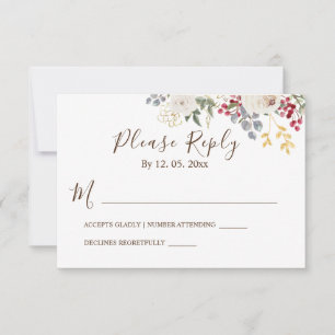 Winter White Roses Red Berries Gold Blätter Floral RSVP Karte