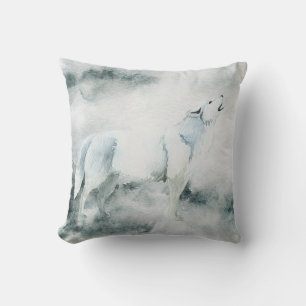 Winter White Wolf Howling Throw Kissen