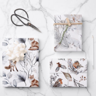 Winter Wildlife Fox Birds Ermine Saisongrün Geschenkpapier Set