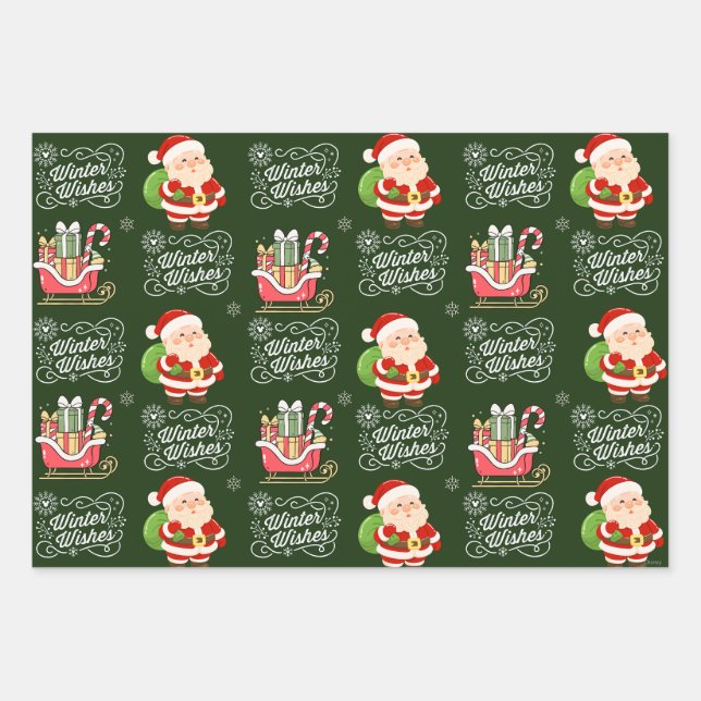 Winter Wishes Santa Wrapping Paper – Green  Geschenkpapier Set (Vorderseite)