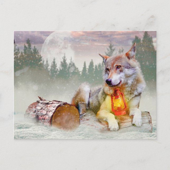 Winter Wolf Schnee Weihnachtszene Postkarte (Vorderseite)
