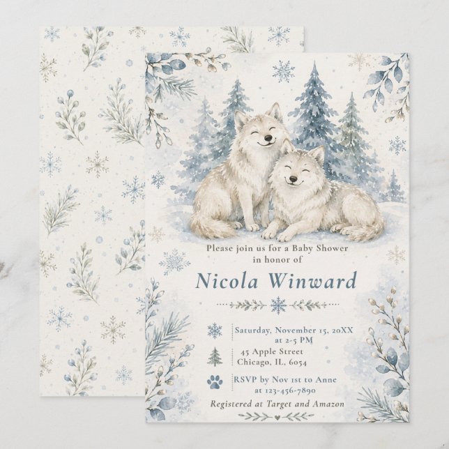 Winter-Wölfe Baby Shower Einladung (Vorne/Hinten)