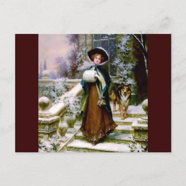 Winter Woman Collie Dog Viktorianisch Hand Muff Postkarte (Vorderseite)