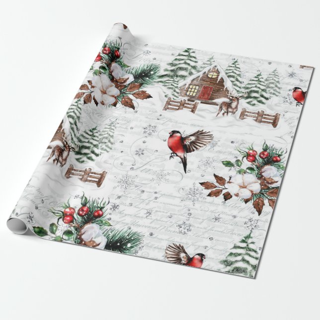 Winter Wonder Cabin Forest Bird Vintag Geschenkpapier (Ungerollt)
