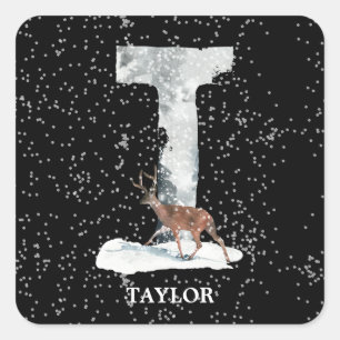 Winter Wonderland Alphabet T Monogramm  Rentier Quadratischer Aufkleber