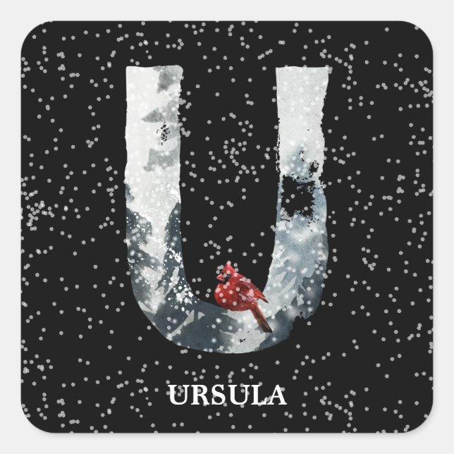 Winter Wonderland Alphabet U Monogram | Roter Voge Quadratischer Aufkleber (Vorderseite)