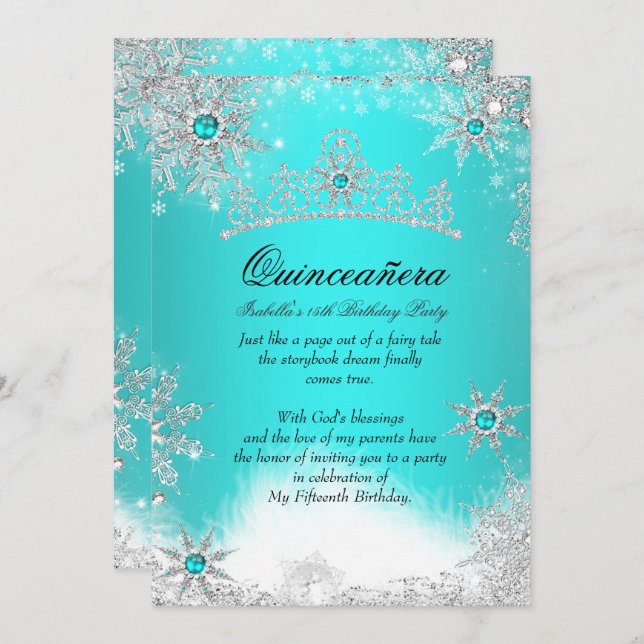 Winter Wonderland Aqua Blue Quinceanera Party Einladung (Vorne/Hinten)