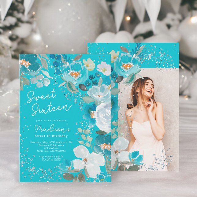 Winter Wonderland aquamarin blaue Blume 16 . Gebur Einladung (Winter Wonderland teal blue Floral Sweet Sixteen Invitation)
