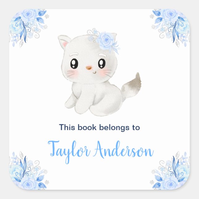 Winter Wonderland Arctic Cat Kids Bookplate Quadratischer Aufkleber (Vorderseite)