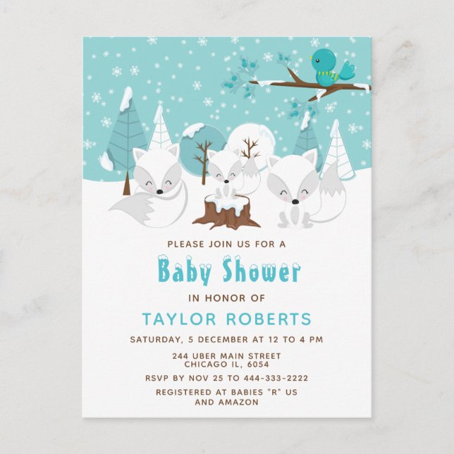 Winter Wonderland Arctic Fox Baby Dusche Postkarte (Vorderseite)