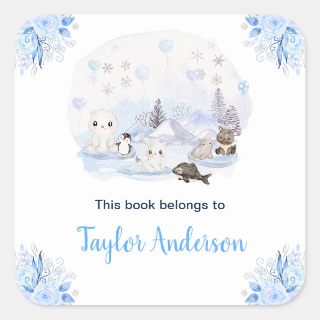 Winter Wonderland Arktische Tiere Kinder Buchzeich Quadratischer Aufkleber (Vorderseite)