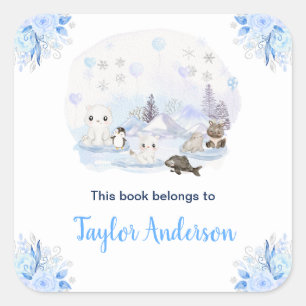 Winter Wonderland Arktische Tiere Kinder-Exlibris Quadratischer Aufkleber