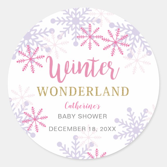 Winter Wonderland Baby Showflakes Girl Pink Runder Aufkleber (Vorderseite)