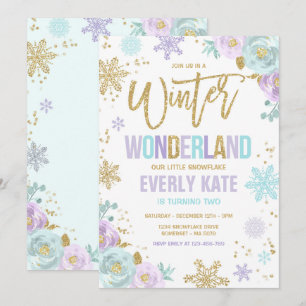Winter Wonderland Birthday Gold Lila Schneeflocke Einladung