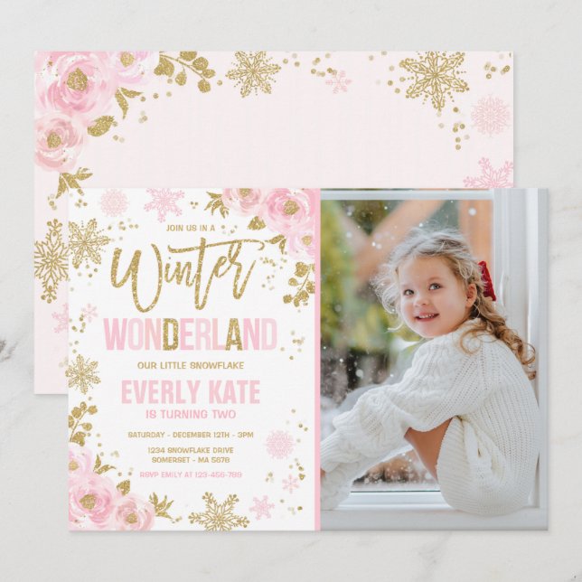 Winter Wonderland Birthday Gold Rosa Schneeflocke Einladung (Vorne/Hinten)