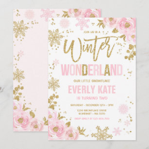 Winter Wonderland Birthday Gold Rosa Schneeflocke Einladung