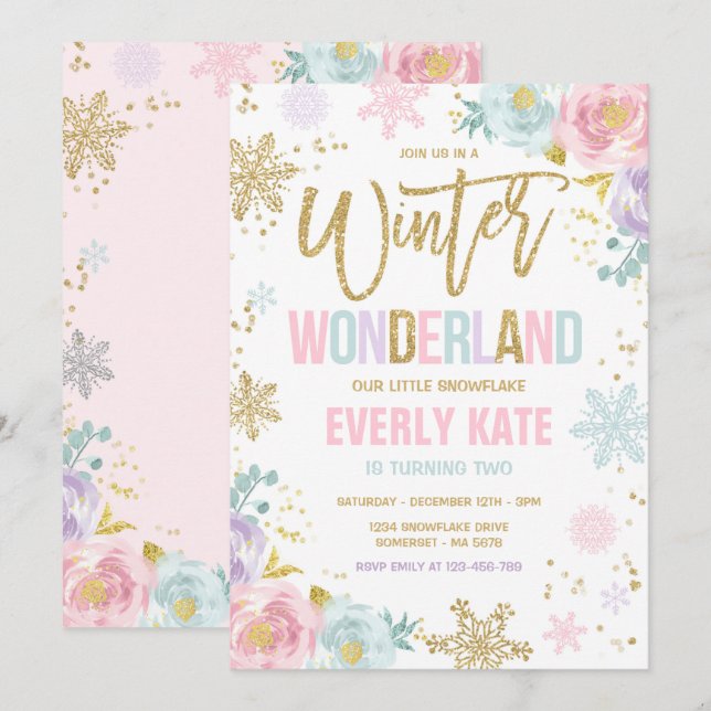 Winter Wonderland Birthday Gold Rosa Schneeflocke Einladung (Vorne/Hinten)