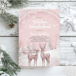 Winter Wonderland Birthday   Weichrosa und Hirsch Einladung