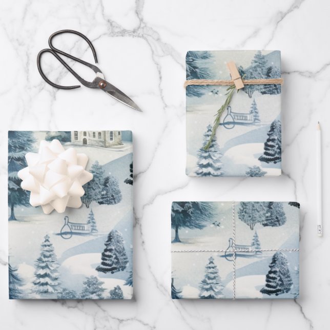 Winter Wonderland: Blauer und weißer Weihnachtsbau Geschenkpapier Set (Vorderseite)