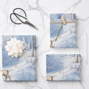 Winter Wonderland: Blauer und weißer Weihnachtsbau Geschenkpapier Set