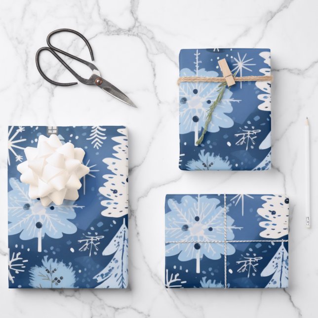 Winter Wonderland: Blauer und weißer Weihnachtsbau Geschenkpapier Set (Vorderseite)