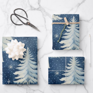 Winter Wonderland: Blauer und weißer Weihnachtsbau Geschenkpapier Set
