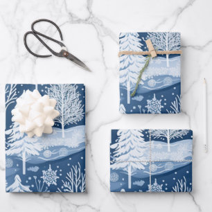 Winter Wonderland: Blauer und weißer Weihnachtsbau Geschenkpapier Set