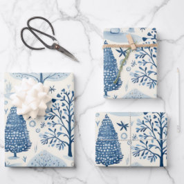 Winter Wonderland: Blauer und weißer Weihnachtsbau Geschenkpapier Set
