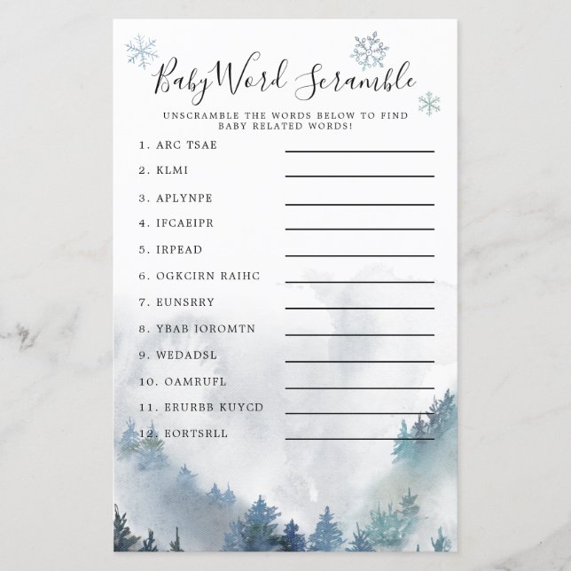 Winter Wonderland Blue Baby Word Scramble Game (Vorderseite)