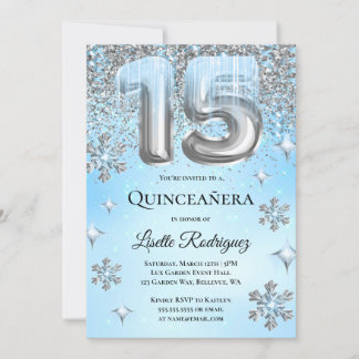 Winter Wonderland Blue Silver Balloons Quinceanera Einladung
