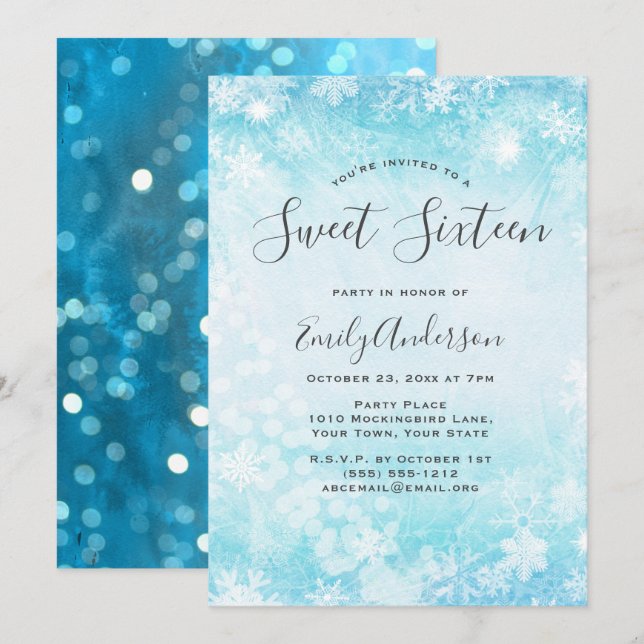 Winter Wonderland Blue Snowflake Sweet 16 Einladung (Vorne/Hinten)