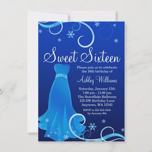 Winter Wonderland Blue Swirl Dress Sweet 16 Einladung (Vorderseite)