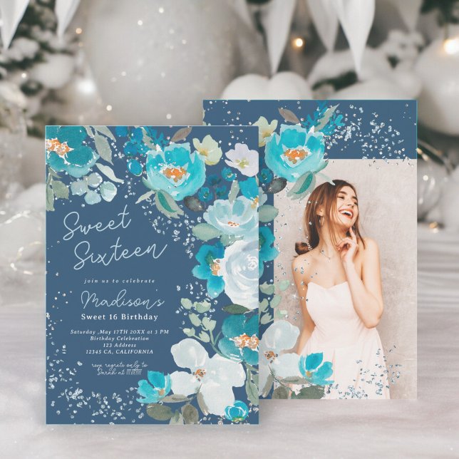 Winter Wonderland Dunkelblau Floral 16 . Geburtsta Einladung (Winter Wonderland dark blue Floral Sweet Sixteen Invitation)