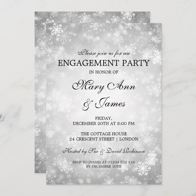 Winter Wonderland Elegante Engagement Party Silver Einladung (Vorne/Hinten)