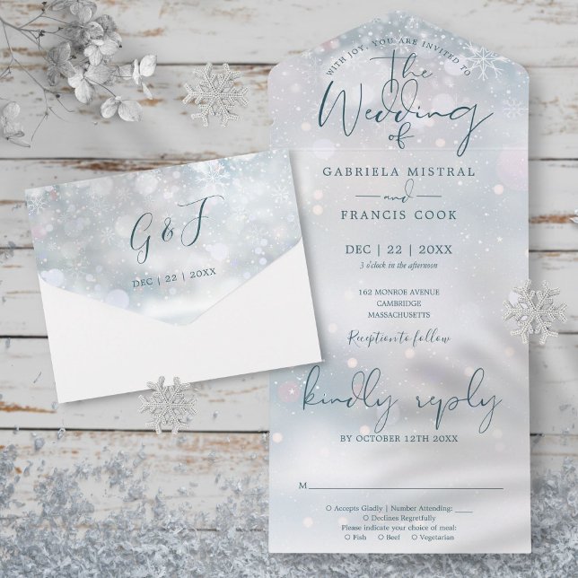 Winter Wonderland Elegante Script Snow Wedding All In One Einladung (Winter Wonderland Elegant Script Snow Wedding All In One Invitation)