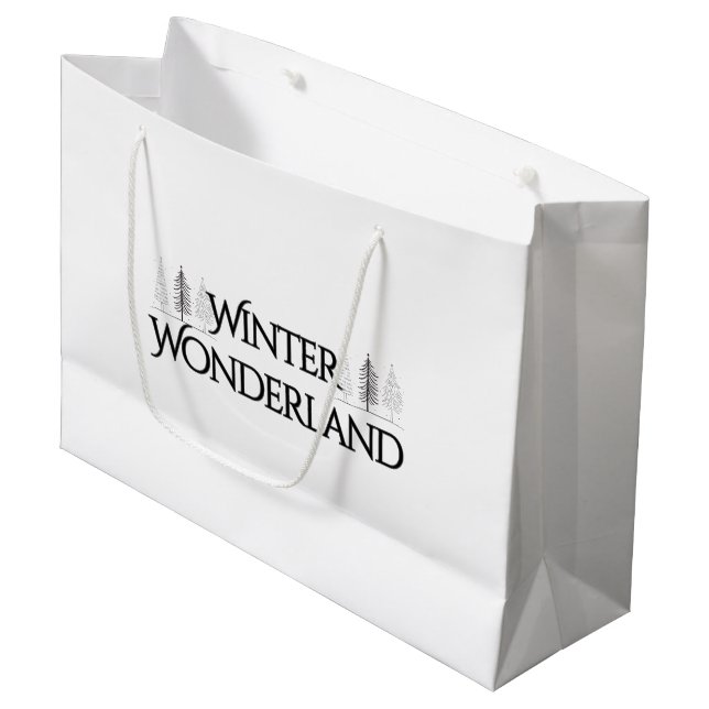Winter Wonderland - Eleganter Text und Pine Trees Große Geschenktüte (Vorderseite Schrägansicht)