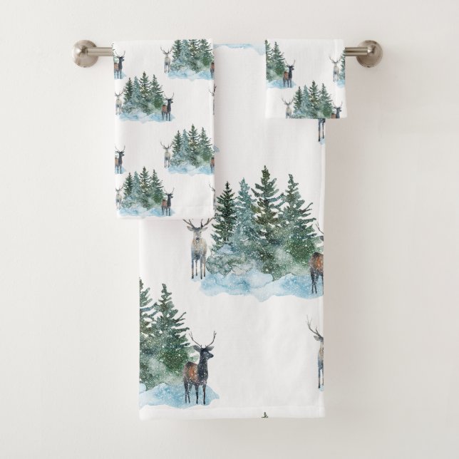 Winter Wonderland Forest Antlers Pine Trees Badhandtuch Set (Insitu)