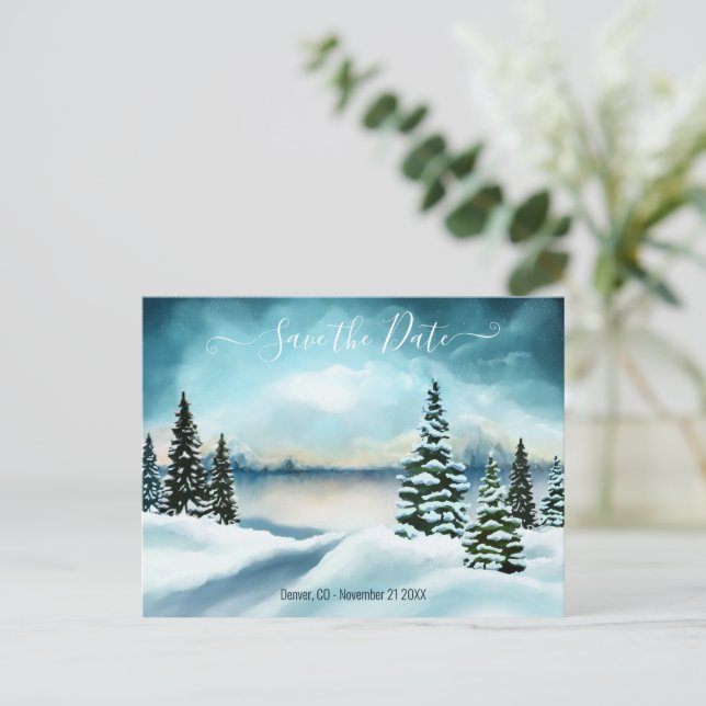 Winter Wonderland Foto Save the Date Postkarte (Stehend Vorderseite)