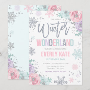 Winter Wonderland Geburtstag Silver Pink Schneeflo Einladung
