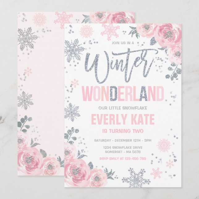 Winter Wonderland Geburtstag Silver Pink Schneeflo Einladung (Vorne/Hinten)