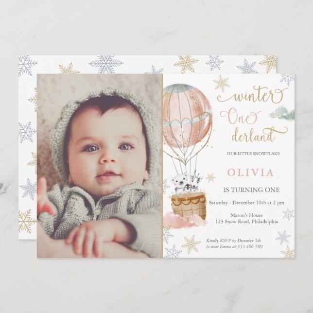 Winter Wonderland Girl zum ersten Geburtstag Foto Einladung (Vorne/Hinten)