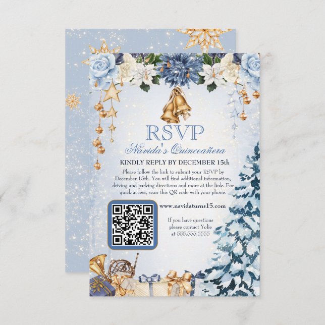 Winter Wonderland Holiday Quinceanera QR Code RSVP Karte (Vorne/Hinten)