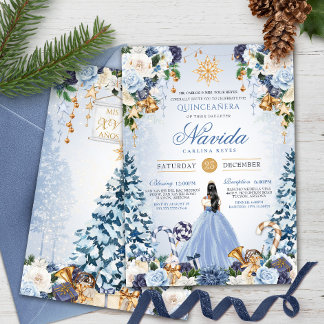 Winter Wonderland Light Blue Floral Quinceanera Einladung