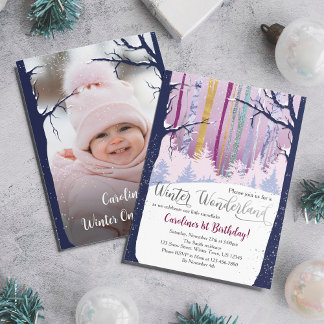 Winter Wonderland Lila Silver Snow Foto Einladung