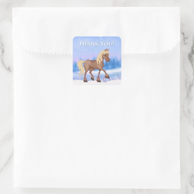 Winter Wonderland Pferd, Schnee Geburtstag Danke Quadratischer Aufkleber (Tasche)