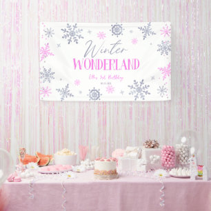 Winter Wonderland Pink Snowflake Geburtstagsparty Banner